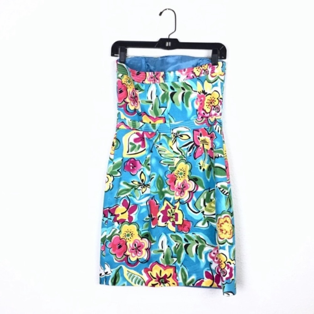 David Meister blue floral tropical print strapless dress size 4 cruise resort - Picture 2 of 5